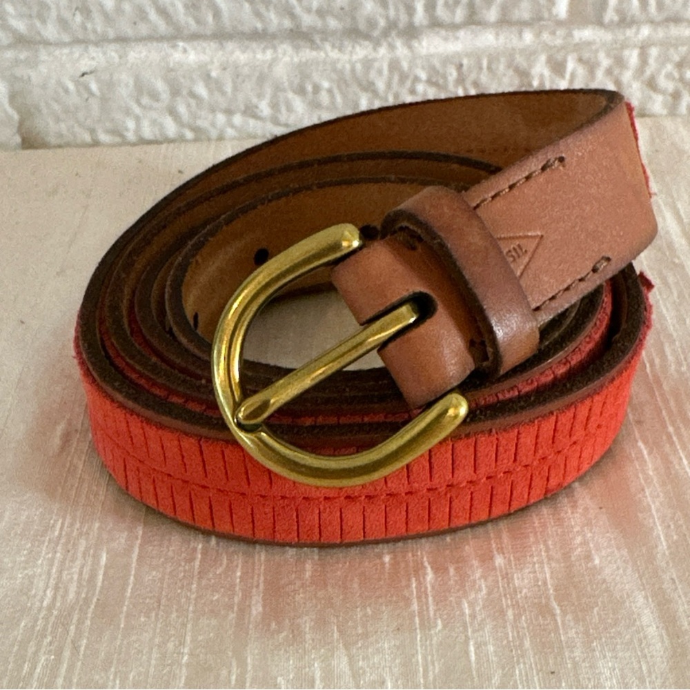 VTG FOSSIL Red Leather FRINGE Belt Size Large Heavy Brass Buckle